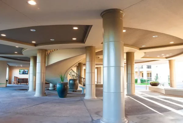 Interior view of a commercial building featuring newly applied colors.