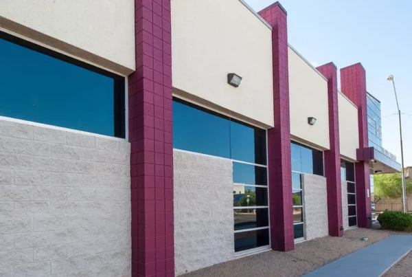 Exterior view of a building with freshly applied new colors.