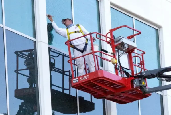 Painter working on painting the exterior of a building.